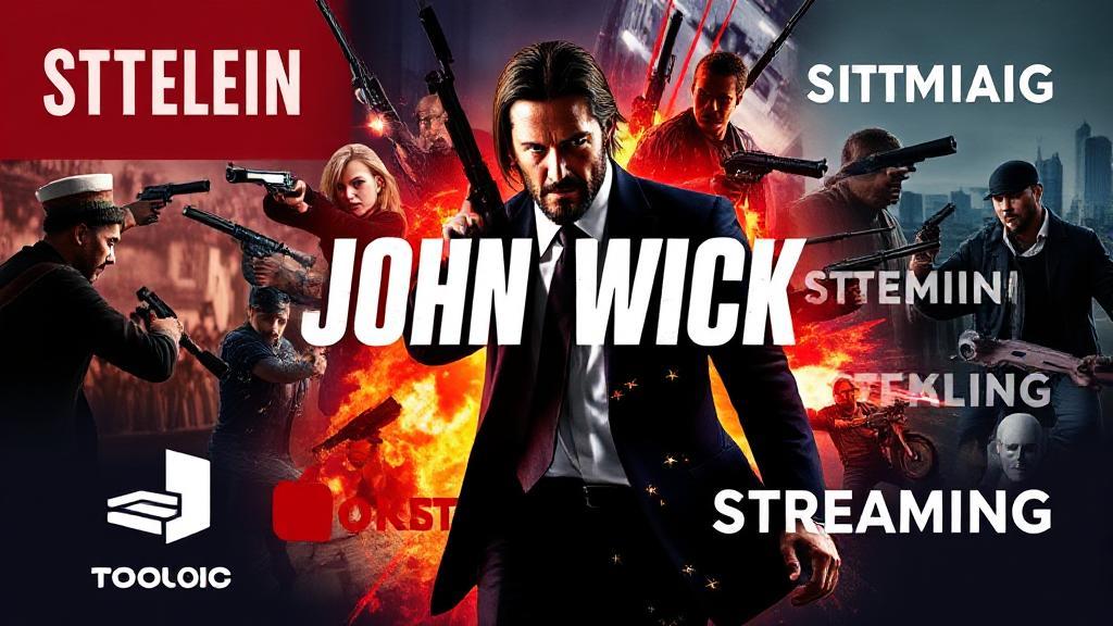 A dynamic collage of action-packed scenes featuring John Wick, set against a backdrop of streaming platform logos.