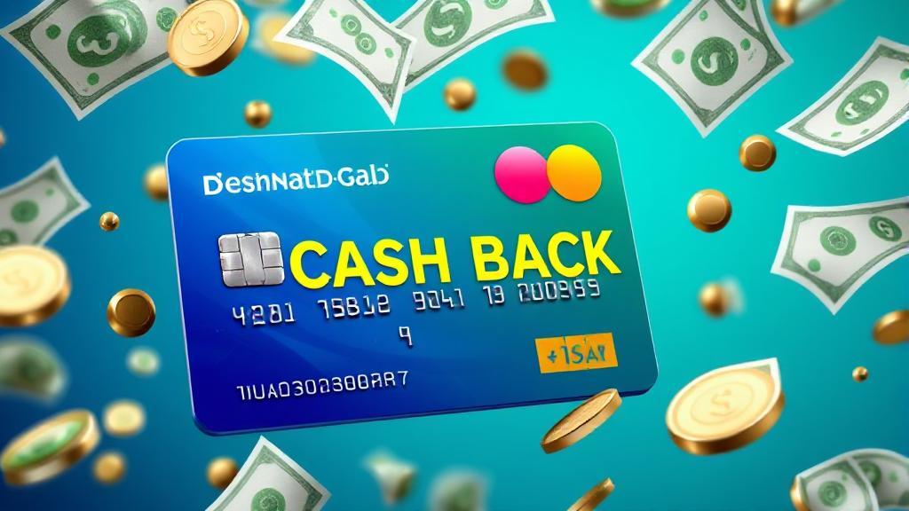A vibrant image of a credit card surrounded by floating dollar bills and coins, symbolizing cash back rewards and savings.