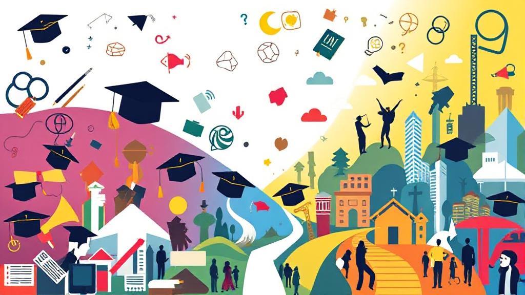 A vibrant collage of graduation caps, event planning tools, and diverse career paths symbolizing the journey from education to a successful career in event planning.