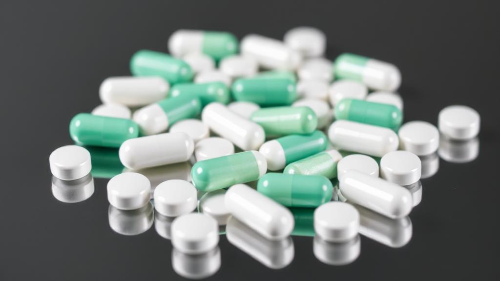 A close-up image of white and green cephalexin capsules scattered on a reflective surface.