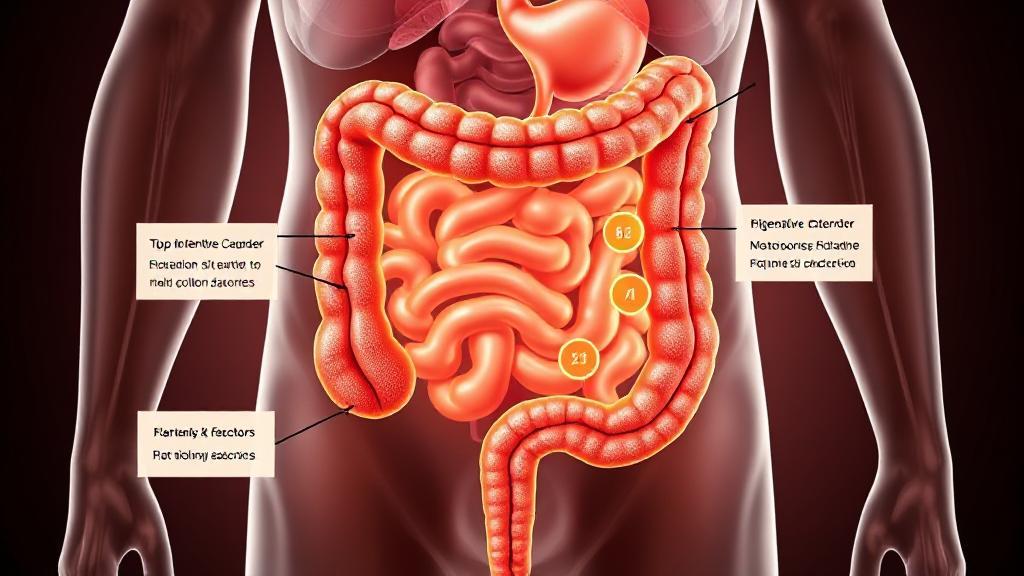 A detailed illustration of the human digestive system highlighting the colon, with visual markers indicating potential risk factors for colon cancer.