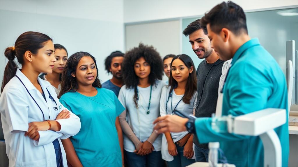 A diverse group of students attentively observing an ultrasound demonstration in a modern medical classroom setting.