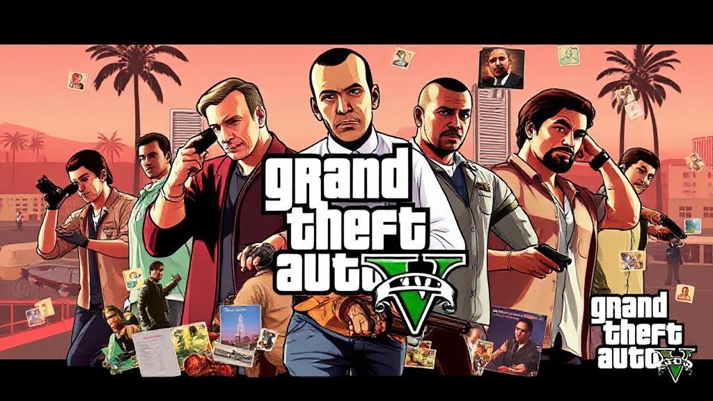 A dynamic collage featuring the main characters of Grand Theft Auto V in action, set against a backdrop of Los Santos with mission icons scattered throughout.