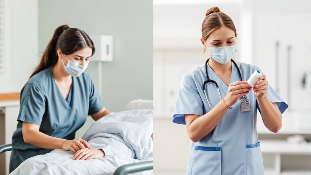 A split image showing an LPN assisting a patient with daily activities on one side and an RN administering medication on the other, highlighting the distinct roles in nursing.
