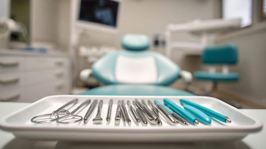 A close-up image of dental tools arranged neatly on a sterile tray, set against a backdrop of a dental chair in a brightly lit clinic.