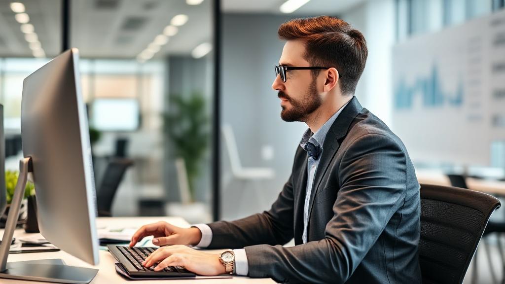 A professional Certified Management Accountant analyzing financial data on a computer in a modern office setting.