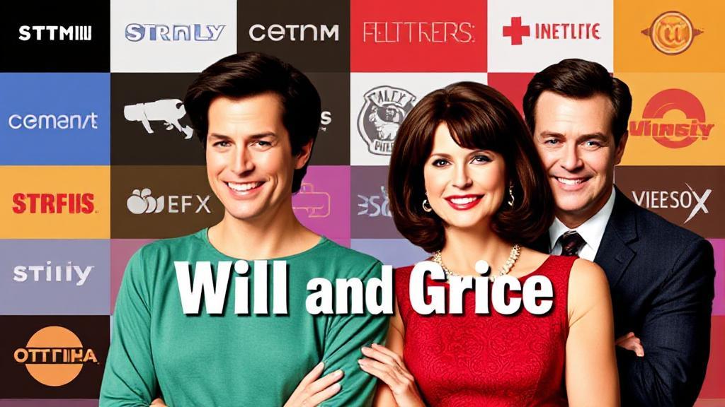 A vibrant collage featuring the iconic cast of "Will and Grace" against a backdrop of streaming service logos.