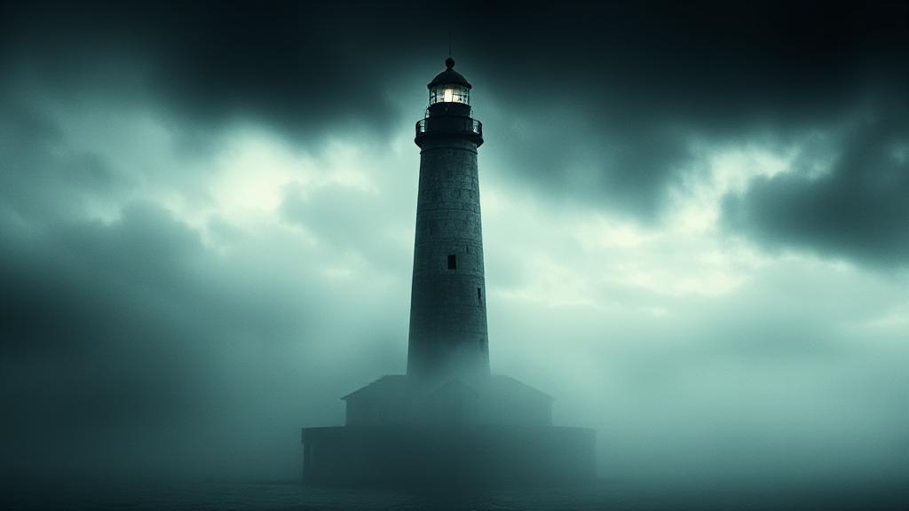 A moody, fog-laden image of Shutter Island's ominous lighthouse, set against a stormy sky, capturing the film's suspenseful atmosphere.