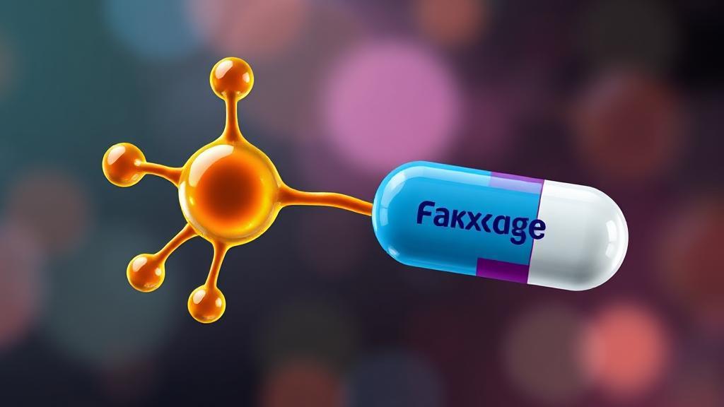 A vibrant illustration of a glucose molecule being controlled by a Farxiga pill, symbolizing diabetes management.