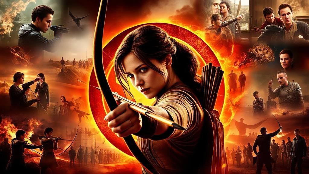 A captivating collage of iconic scenes from "The Hunger Games" series, featuring Katniss Everdeen with her bow and arrow, set against a backdrop of the dystopian world of Panem.
