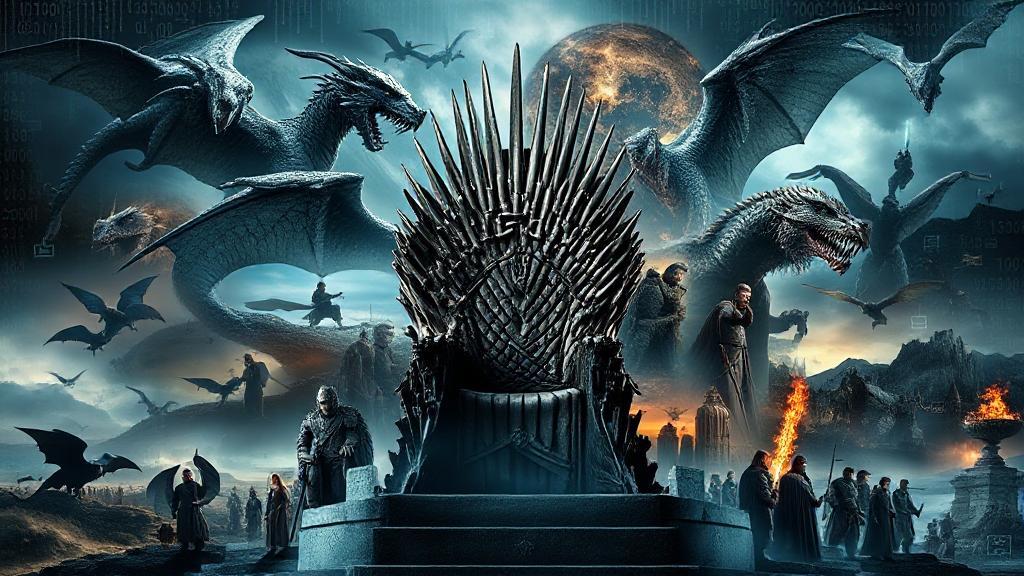 A captivating collage of iconic Game of Thrones scenes featuring dragons, the Iron Throne, and key characters, set against a backdrop of digital streaming symbols.