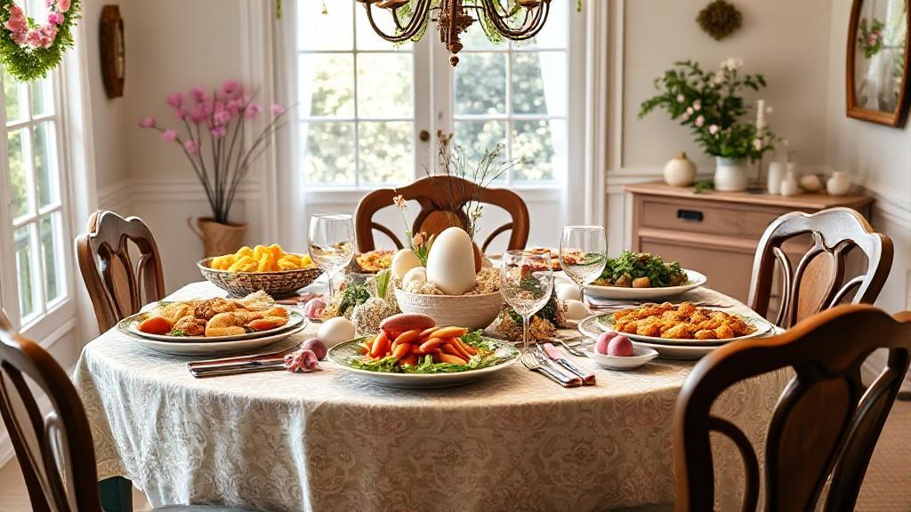 A vibrant image of a beautifully set dining table with Easter-themed decorations, featuring a variety of delicious dishes and a welcoming ambiance.