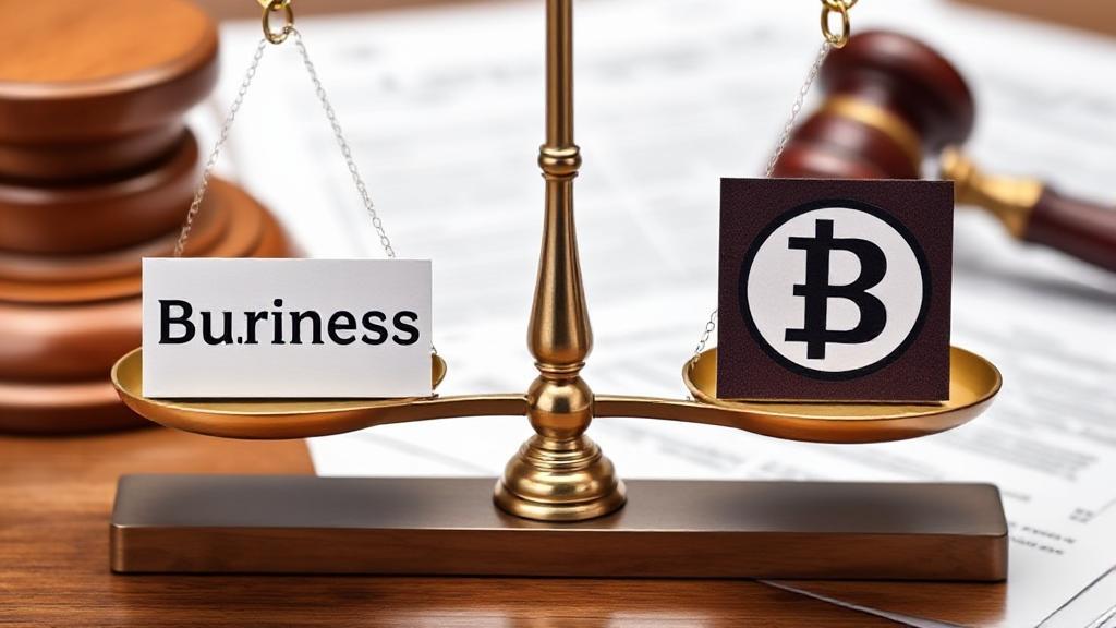 A balanced scale with a business name on one side and a trademark symbol on the other, set against a backdrop of legal documents.