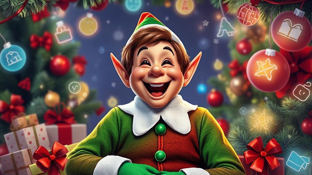 A festive image featuring Buddy the Elf joyfully surrounded by holiday decorations and streaming icons.