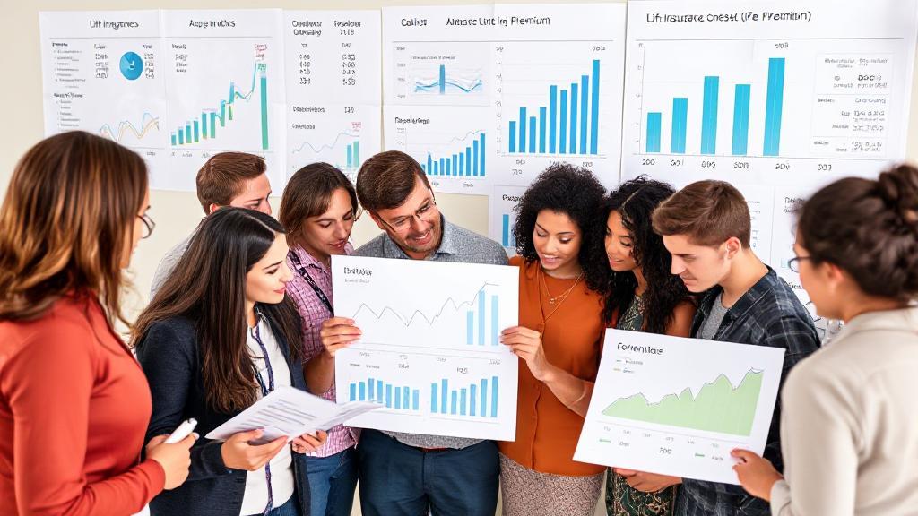 A diverse group of people analyzing charts and graphs representing life insurance costs and premiums.