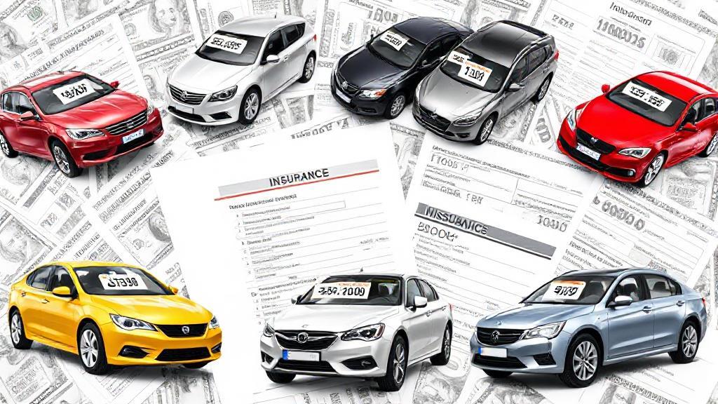 A collage of various car models with price tags, set against a backdrop of insurance documents and dollar bills.