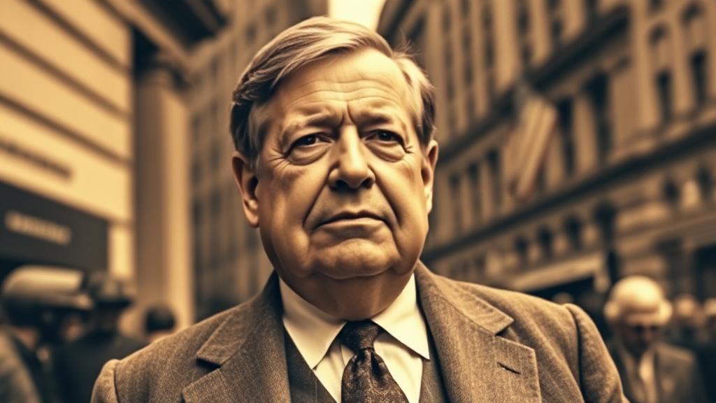 A sepia-toned portrait of J.P. Morgan, exuding authority and influence, set against a backdrop of early 20th-century Wall Street.