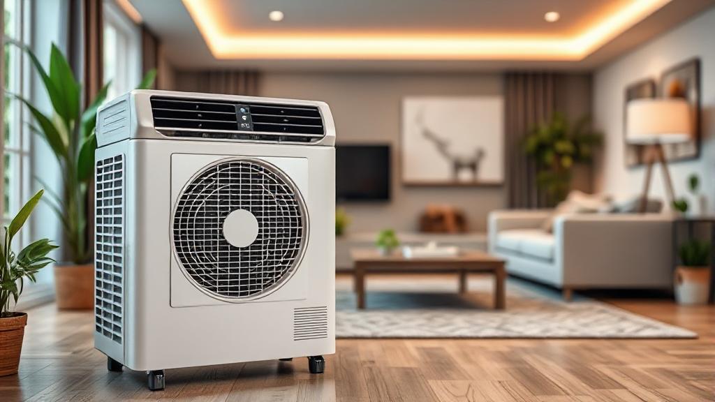 A modern air conditioner unit set against a backdrop of a cozy living room, illustrating the balance between comfort and energy efficiency.