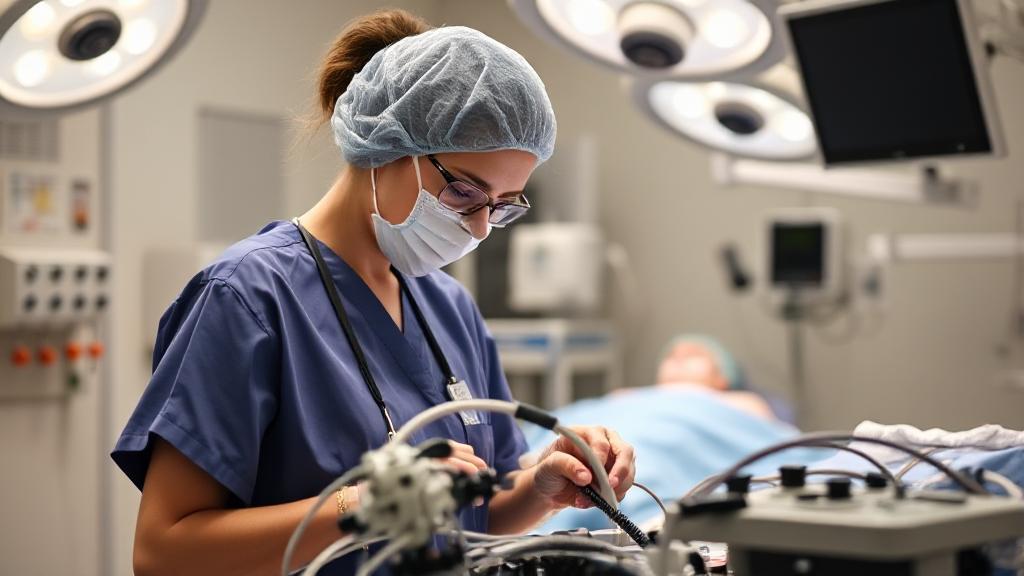 A focused CRNA in a surgical setting, preparing anesthesia equipment with a patient in the background.