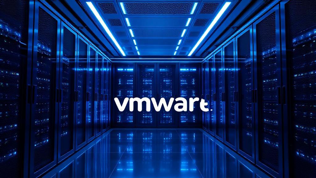 A sleek, futuristic server room with glowing blue lights, symbolizing the advanced virtualization technology of VMware.