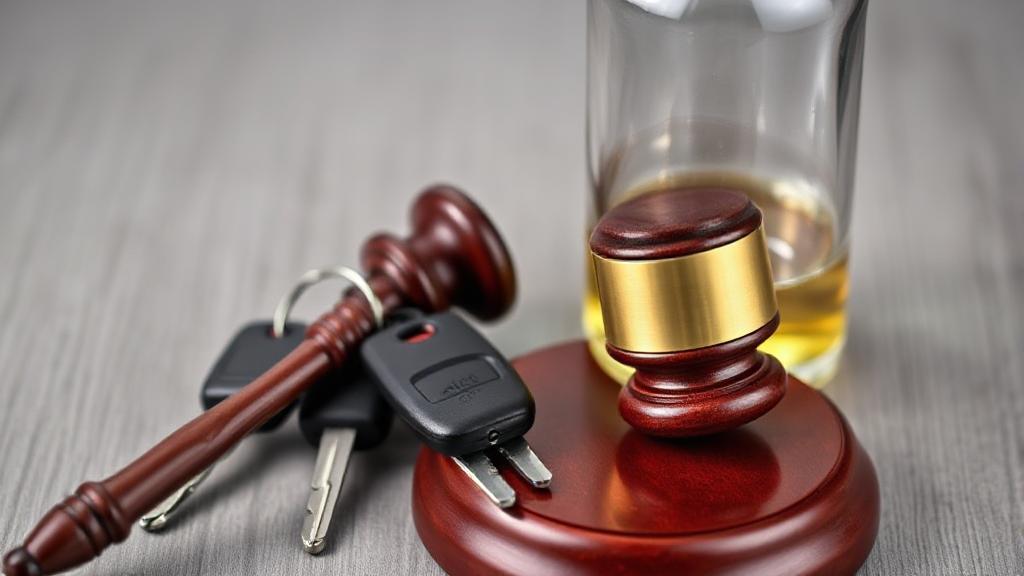 A gavel rests beside a set of car keys and a half-empty bottle of alcohol, symbolizing the intersection of law and impaired driving.