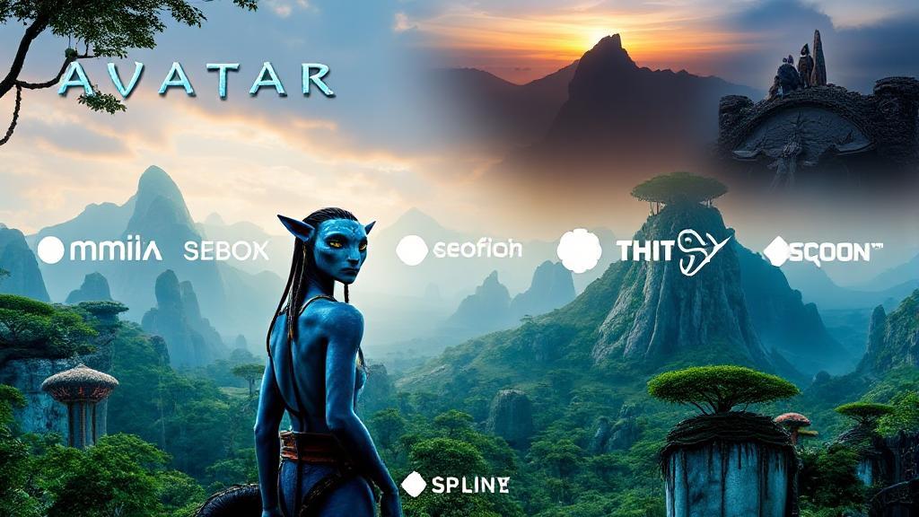 A vibrant collage of scenes from "Avatar," showcasing the lush landscapes of Pandora and its iconic blue Na'vi characters, set against a backdrop of streaming platform logos.