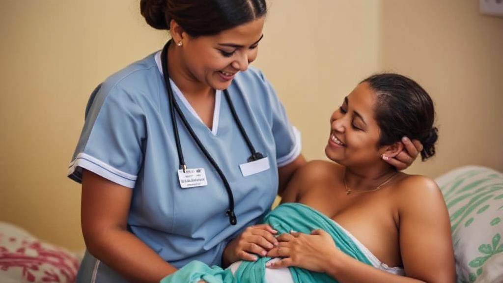 A compassionate midwife gently supports a mother during childbirth, symbolizing the vital role and responsibilities in maternal care.