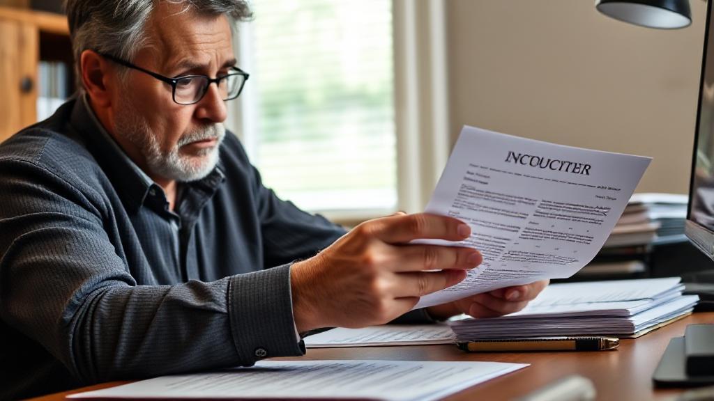 A concerned individual reviewing financial documents with a collections notice prominently displayed on a desk.
