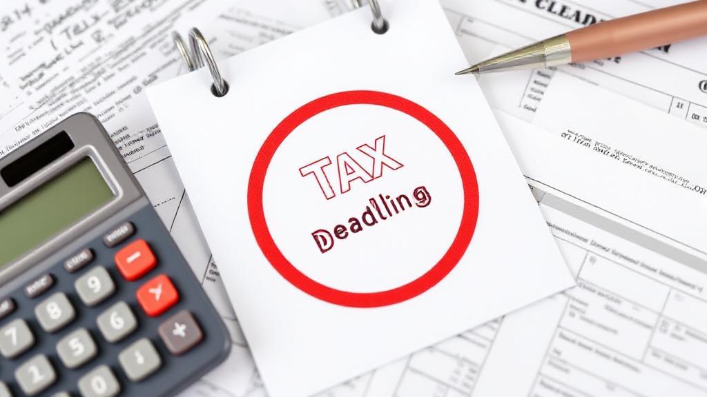 A calendar marked with a red circle around the tax filing deadline date, surrounded by tax forms and a calculator.