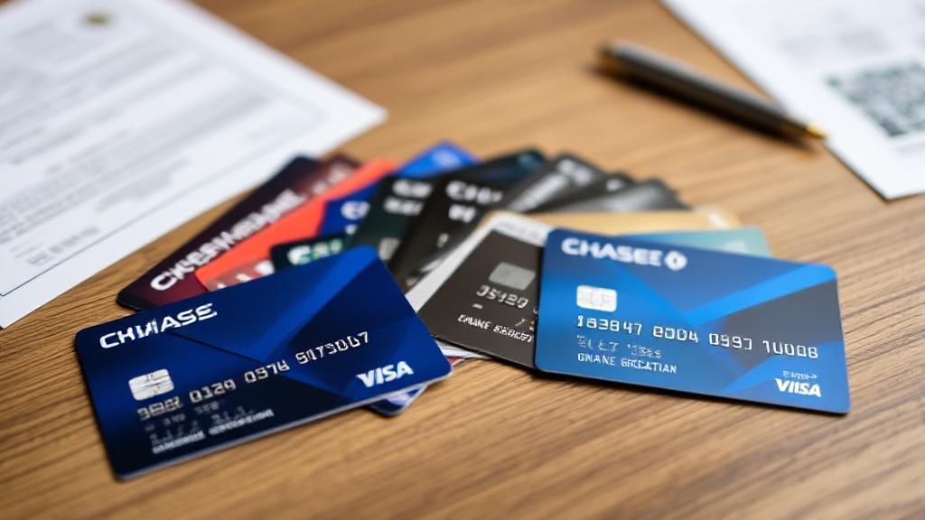 A collage of various Chase credit cards fanned out on a wooden table, with a soft-focus background of financial documents and a pen.
