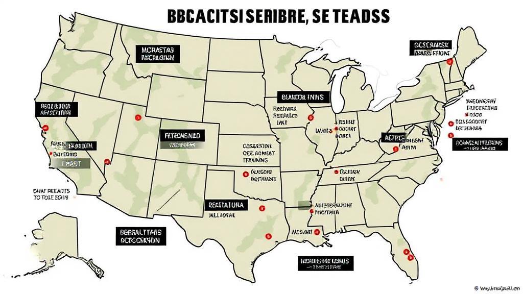 A map highlighting the various locations of Army Basic Combat Training (BCT) sites across the United States.