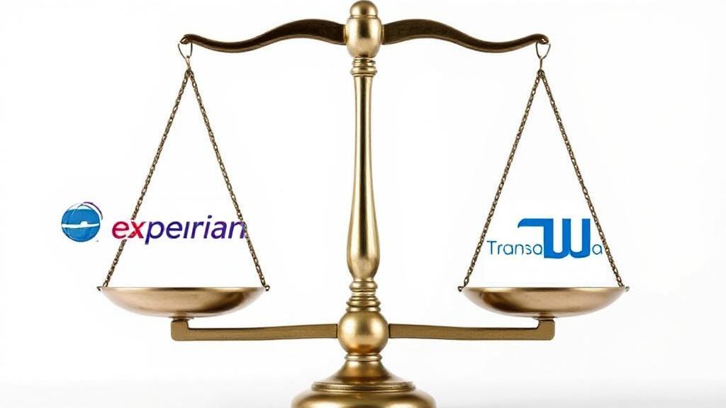 A balanced scale with the logos of Experian, Equifax, and TransUnion on each side, symbolizing a comparison of the top credit reporting agencies.
