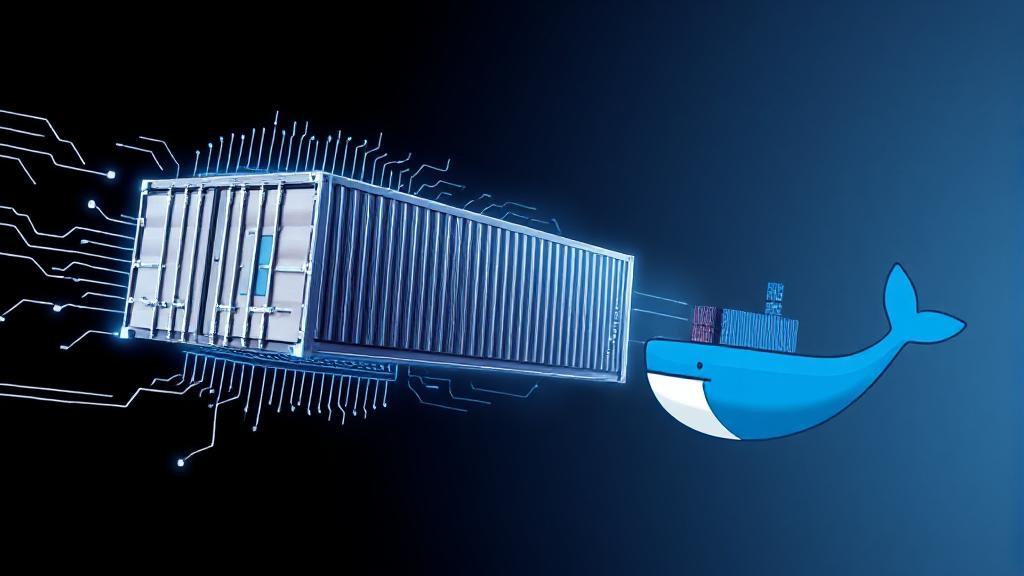 A sleek digital illustration of a shipping container transforming into a computer chip, symbolizing the fusion of traditional logistics and modern technology in Docker containerization.