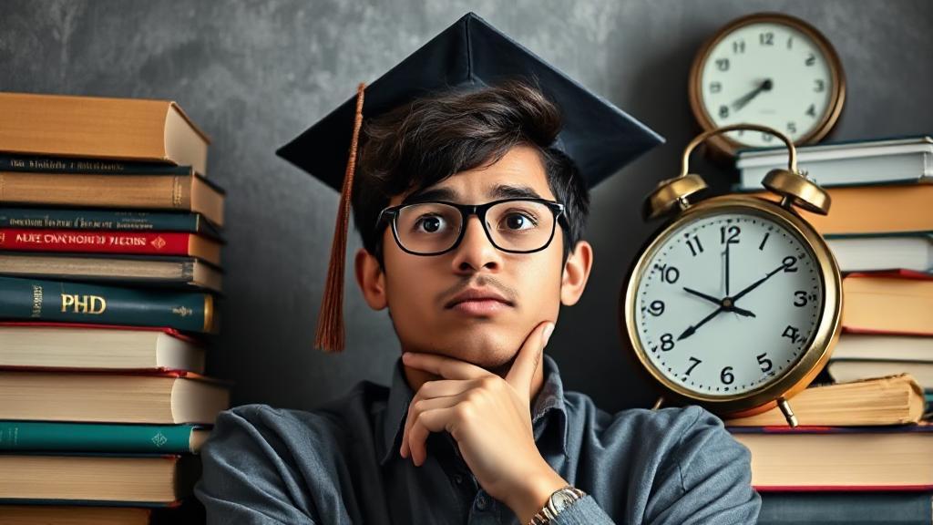 A thoughtful student surrounded by books and a clock, symbolizing the journey and time commitment of pursuing a PhD.