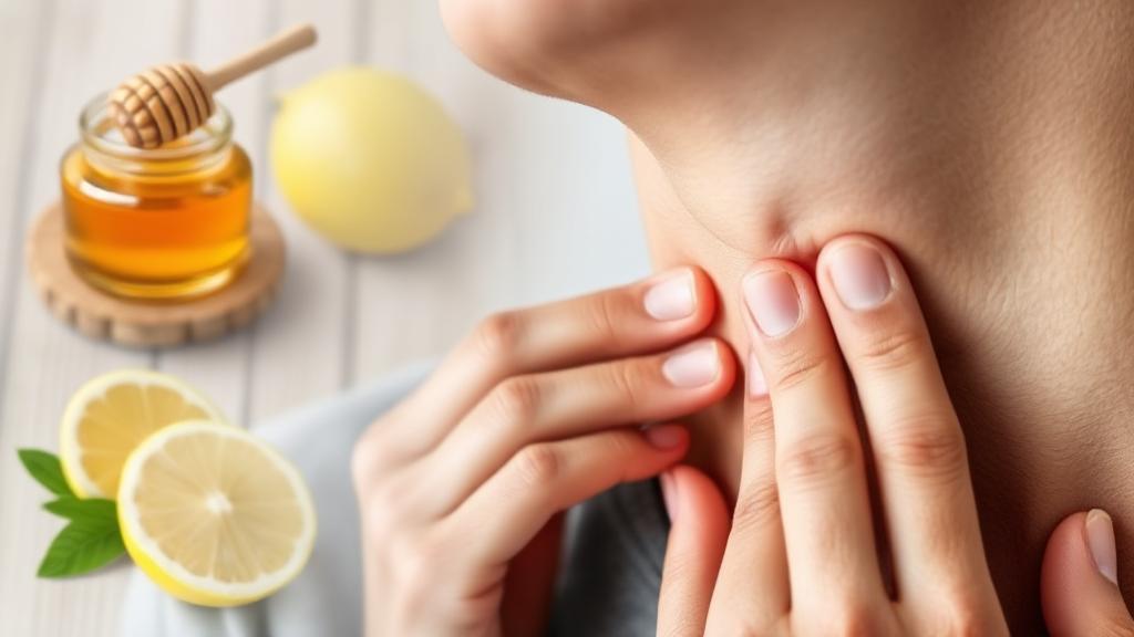 A close-up image of a person holding their throat, symbolizing discomfort, with a subtle overlay of natural remedies like honey and lemon in the background.