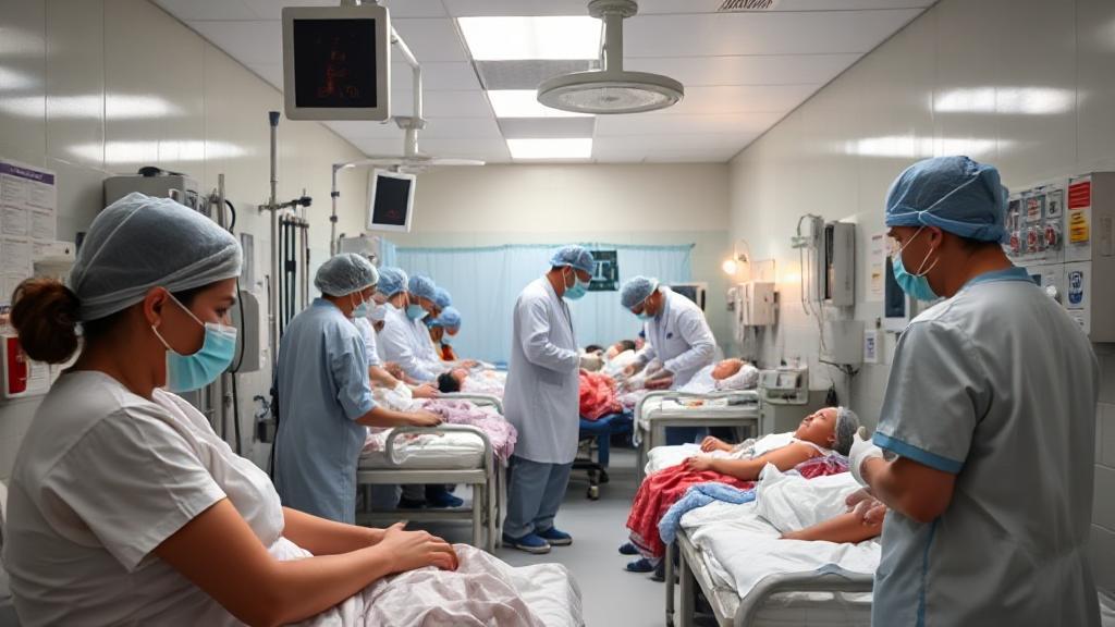 A busy emergency room with medical staff attending to patients, highlighting a focus on treating high fevers.