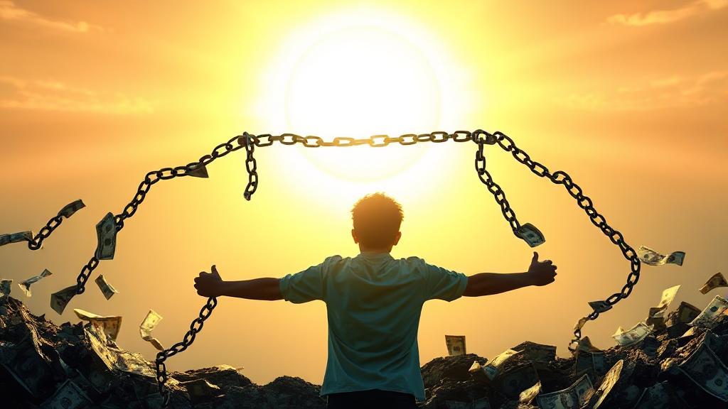 A visual representation of financial freedom, featuring a person breaking free from chains made of dollar bills against a backdrop of a rising sun.