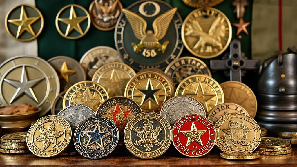 A collection of intricately designed challenge coins displayed against a backdrop of military insignias and historical artifacts.