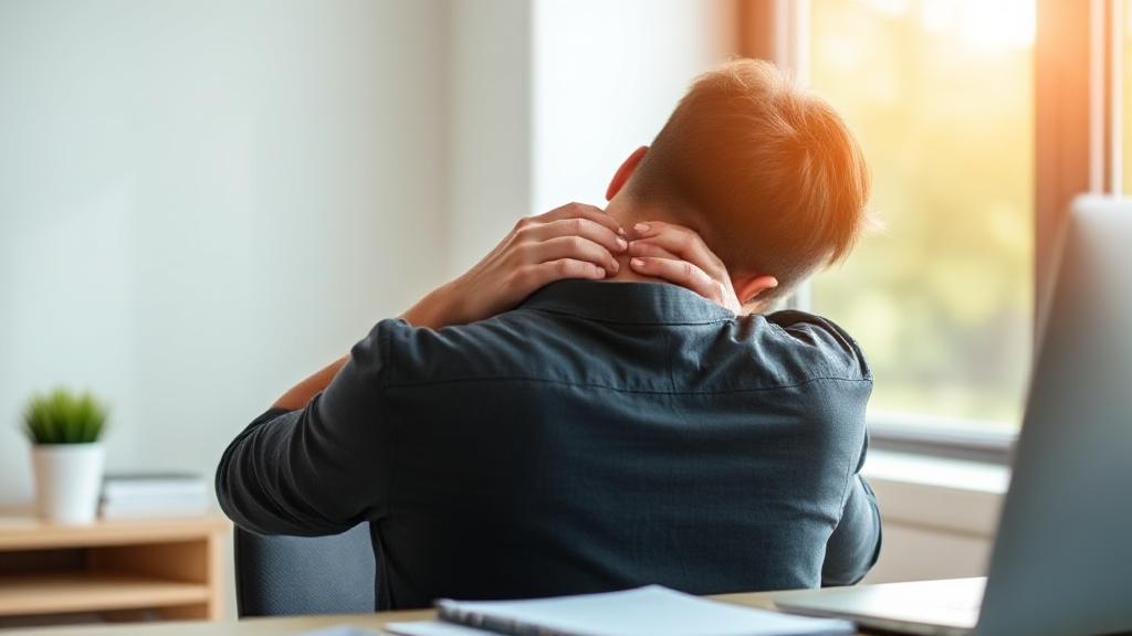 A person gently massaging their neck while sitting at a desk, surrounded by soothing natural light.