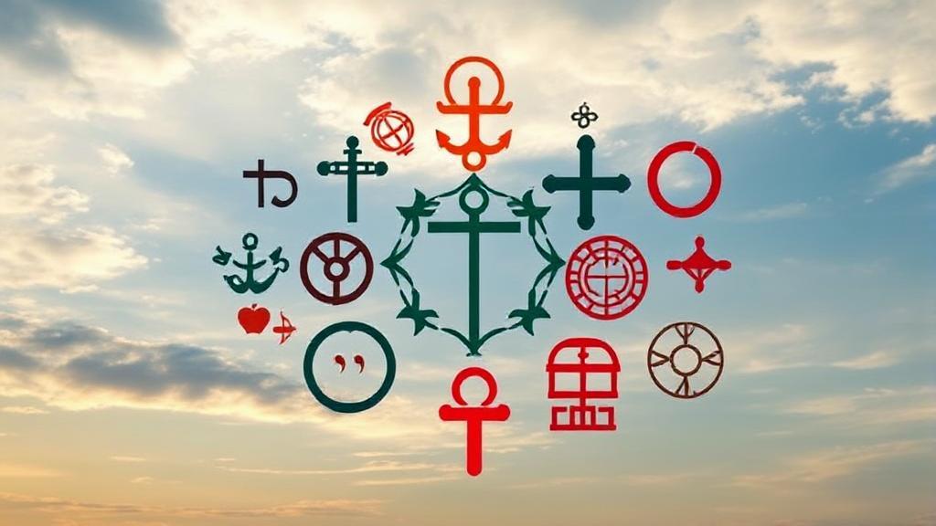 A diverse array of religious symbols intertwined against a backdrop of a serene sky, symbolizing the unity and diversity of global faiths.
