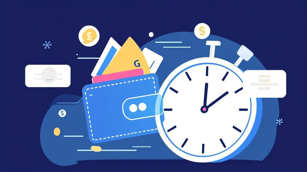 A dynamic illustration of a digital wallet and clock symbolizing the efficiency and immediacy of daily pay systems.