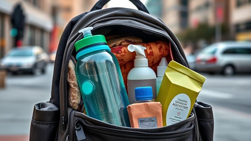 A compassionate depiction of a backpack filled with essential items like a blanket, water bottle, and hygiene products, set against an urban backdrop.