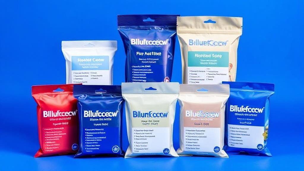 A selection of BlueChew packages displayed against a vibrant blue background, highlighting the variety of options available.