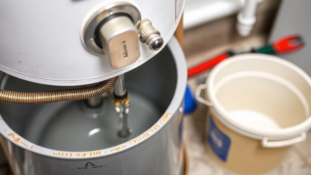 A close-up image of a water heater being drained, with tools and a bucket nearby, illustrating maintenance in progress.