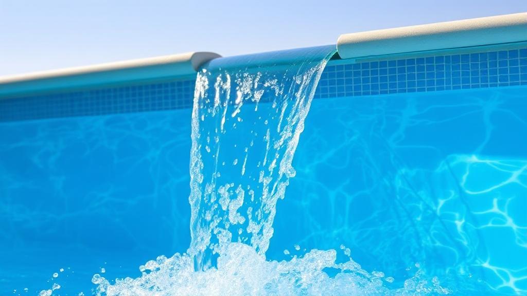 A sparkling blue swimming pool being filled with a cascading stream of water under a clear sky.