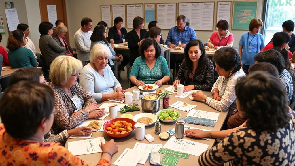 A diverse group of individuals engaging in a Weight Watchers meeting, surrounded by healthy food options and motivational materials.