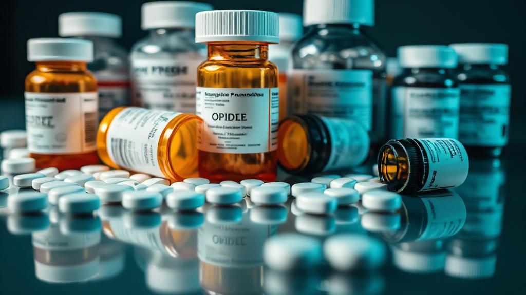 A close-up image of various prescription opiate pills and bottles, arranged neatly on a reflective surface, with soft lighting highlighting their labels and textures.