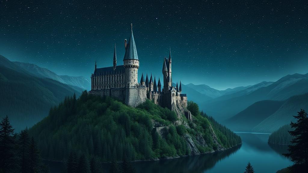 A majestic view of the iconic Hogwarts Castle perched atop a cliff, surrounded by the mystical Forbidden Forest and the serene Black Lake under a starry night sky.