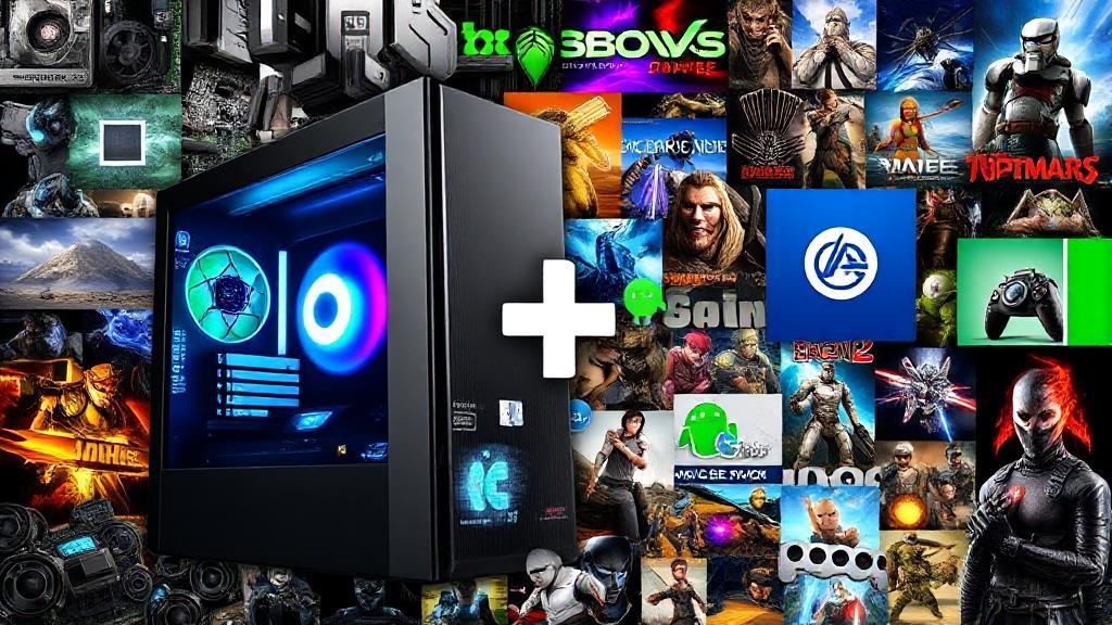 A dynamic collage of computer hardware components and popular game icons, symbolizing the intersection of technology and gaming compatibility.