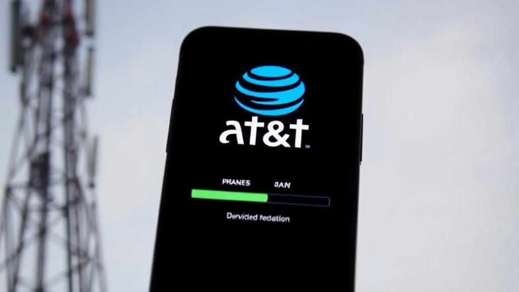 A smartphone displaying the AT&T logo with a backdrop of a network signal tower and a progress bar indicating service restoration.